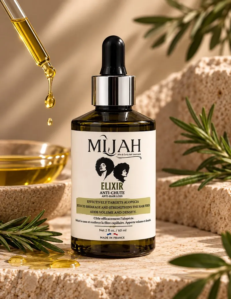 Elixir Anti-Chute MÎJAH 60 ml, flacon compte-gouttes entouré de romarin et d'huile