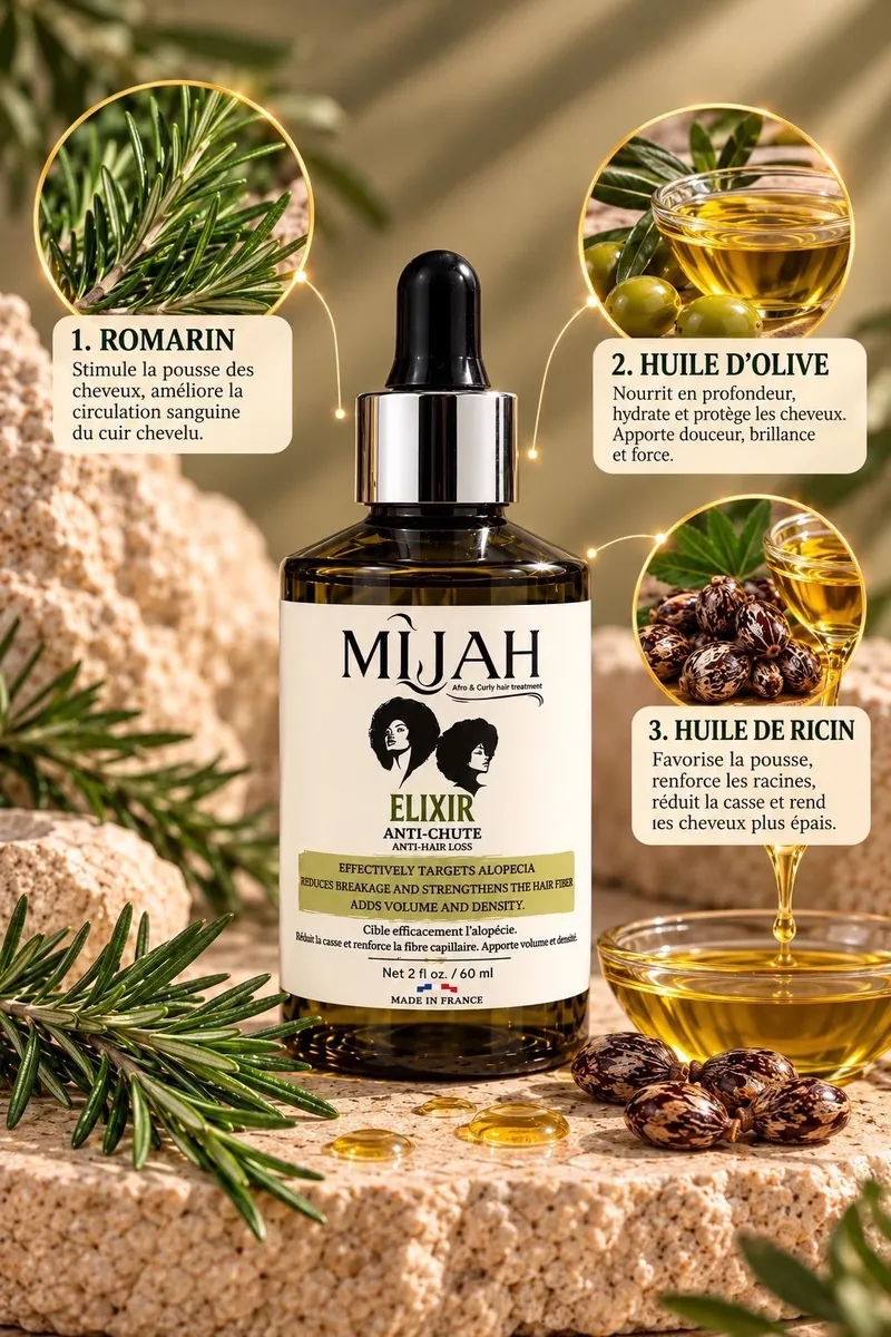 Élixir Anti-Chute MÎJAH : romarin, huile d’olive et huile de ricin.