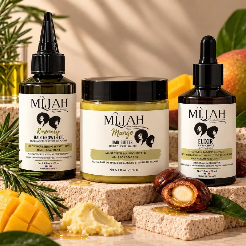La gamme complète MÎJAH : Élixir, Huile de Romarin et Beurre de Mangue