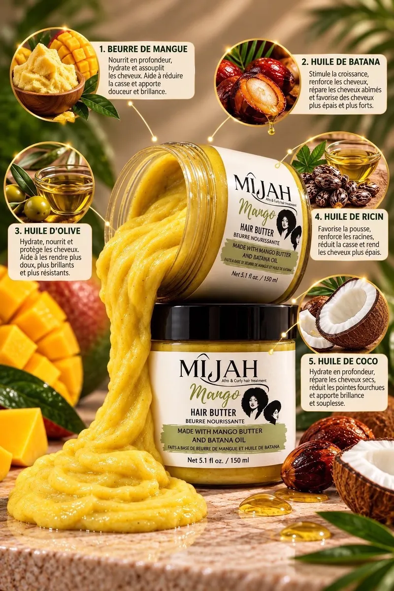Beurre capillaire Mango MÎJAH : beurre de mangue et huiles de batana, d’olive, de ricin et de coco.