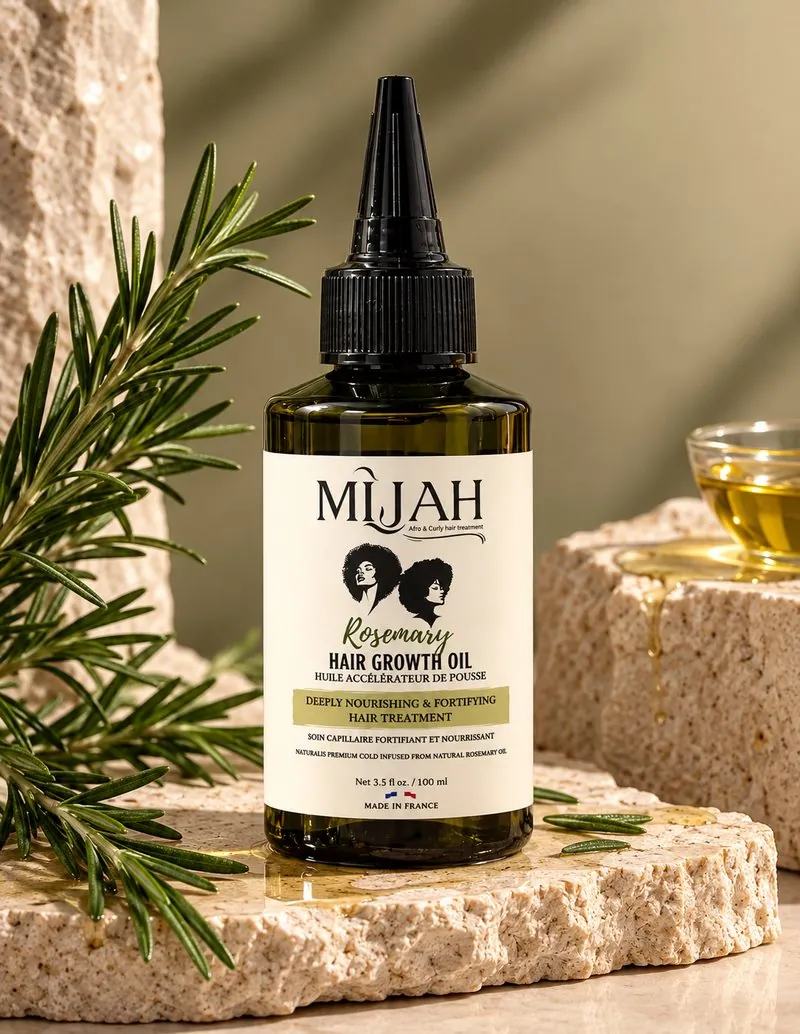 Huile de croissance Rosemary MÎJAH 100 ml sur pierre naturelle avec branches de romarin